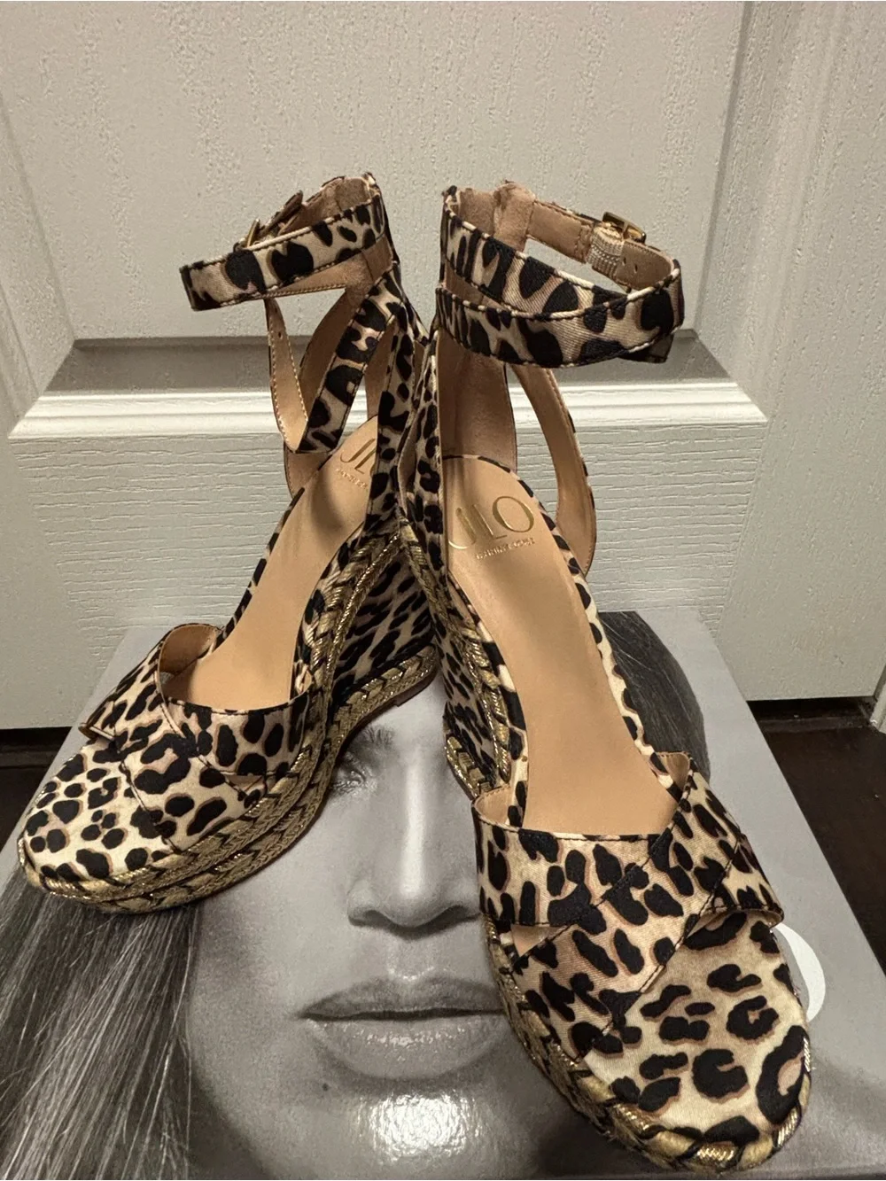 Leopard Print Espadrille Wedge Sandals with Ankle Tie